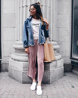Pink colour outfit, you must try with jean jacket, trousers, shorts: Denim Outfits,  Jean jacket,  Street Style,  Pink Outfit  