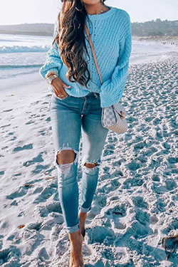 Vogue ideas beach fall outfits, casual wear: Turquoise And Aqua Outfit,  Ripped Jeans  