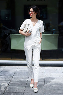 White outfit style with trousers, sweater, shirt: fashion model,  White Outfit,  Street Style  