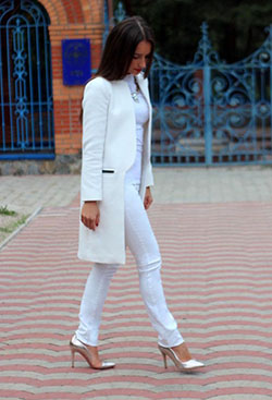 White long sleeve coat, street fashion, white coat: White coat,  Street Style,  White And Pink Outfit  