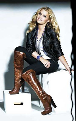 Jessica simpson in boots high heeled shoe, jessica simpson: Leather jacket,  Boot Outfits,  fashion model,  Daisy Duke,  Jessica Simpson,  High Heeled Shoe,  Brown Outfit,  Brown Boots Outfits  