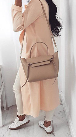Beige classy outfit with trench coat, sweater, uniform: Trench coat  