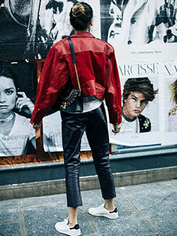 Big leather jacket fashion 1980s in fashion, street fashion: T-Shirt Outfit,  Street Style,  Red Outfit,  Leather Pant Outfits,  FASHION  
