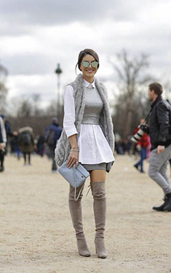 Grey fur vest outfit thigh high boots, street fashion: Fur clothing,  fashion model,  Street Style,  Classy Fashion  