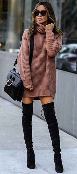 Sweater dress with knee high boots: Knee highs,  Boot Outfits,  Street Style,  Knee High Boot  