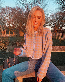 orange colour outfit with jeans, cute blond hairs, Lip Makeup: Nicola Hughes  