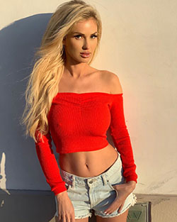 orange matching style with crop top, blond hairstyle, Woman Long Hair Style: Crop top,  Instagram girls,  Orange And Red Outfit  