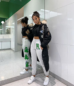 Green and white sportswear, trousers, jacket: Instagram girls,  Green And White Outfit,  Sports Pants,  Lounge jacket,  White vans  