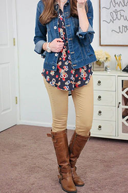 Brown and blue clothing ideas with jean jacket, leggings, jacket: Jean jacket,  Cowboy boot,  Riding boot,  Floral Top Outfits  