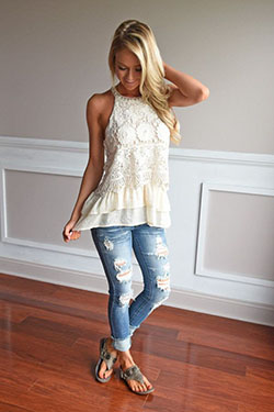 Sexy girl flip flops ripped jeans: summer outfits,  Ripped Jeans,  T-Shirt Outfit,  White Outfit,  Boyfriend Jeans  