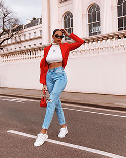 white colour combination with denim, jeans, fashion ideas: Instagram girls,  White And Red Outfit  