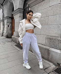 Teddy jacket with joggers: Casual Outfits,  Crop top,  White Jeans,  White coat,  White Trousers,  White Jacket,  White Crop Top,  White Sweatpant,  White Hoodie,  Linen Joggers  