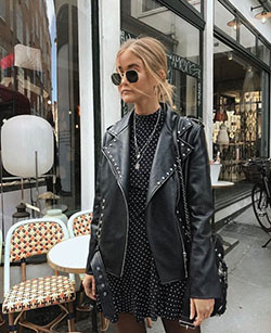 Polka dot dress with leather jacket: Black Outfit,  Leather jacket,  Street Style,  Black Leather Jacket  