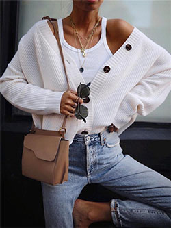 White trendy clothing ideas with sweater, jeans, top: Polo neck,  Jeans Outfit,  White Outfit  