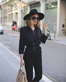 Black and white designer outfit with fashion accessory, blazer, fedora: Black Outfit,  Fashion accessory,  Street Style,  Black And White Outfit  