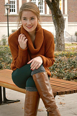 Orange sweater with brown boots: Riding boot,  Boot Outfits,  Orange And Brown Outfit,  Knee High Boot,  Brown Boots Outfits  