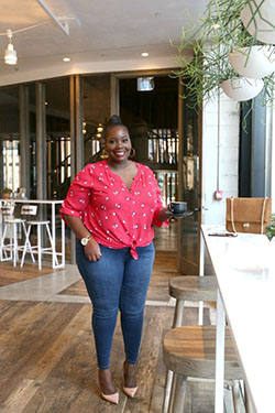 Pink and red colour combination with jeans, top: Plus size outfit,  Pink And Red Outfit  