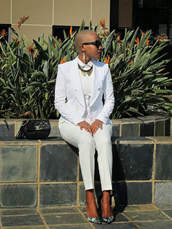 Bald head woman with pants suits dressy: shirts,  Hairstyle Ideas,  White Outfit,  Formal wear  