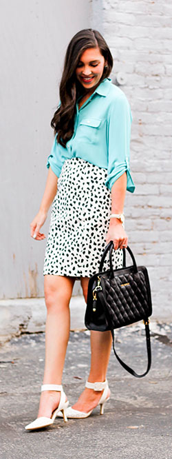 Turquoise and white outfit Stylevore with pencil skirt, polka dot, shorts: Pencil skirt,  Polka dot,  Informal wear,  Street Style,  Skirt Outfits,  Turquoise And White Outfit  