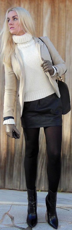 White colour dress with leather skirt, miniskirt, leggings: Leather skirt,  White Outfit,  Street Style,  Mini Skirt Outfit  
