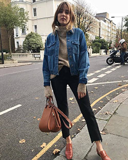 Brown designer outfit with jean jacket, trousers, blazer: Denim Outfits,  Jean jacket,  Street Style,  Brown Outfit  