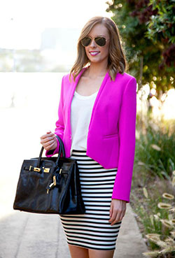 Magenta and Purple Trendy Clothing Ideas with Striped Skirt, White Crop Top, Blazer: Crop top,  Street Style,  Skirt Outfits,  Magenta And Purple Outfit  