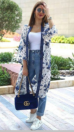 White and blue blazer, jeans, attire ideas: Kimono Outfit Ideas,  White And Blue Outfit  