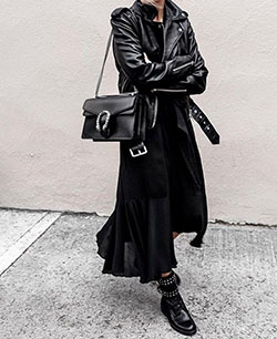 Colour ideas black outfits ideas, leather jacket, street fashion, trench coat: Black Outfit,  Leather jacket,  Trench coat,  Street Style  