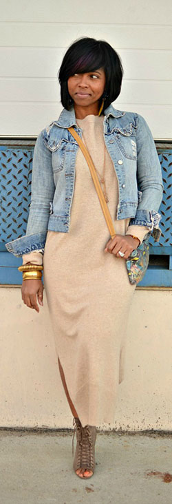 Sweater dress and jean jacket: Denim Outfits,  Jean jacket,  Formal wear,  Beige And White Outfit  