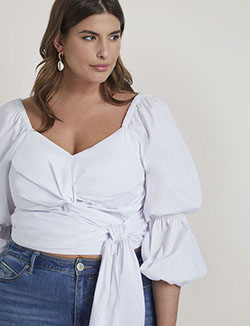 Puff sleeve wrap tops cache cœur, photo shoot: Crop top,  White Outfit,  Plus size outfit  
