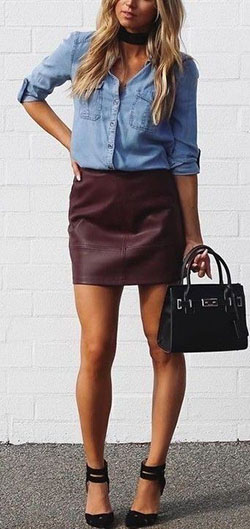 Maroon shirt and denim skirt outfits: Denim skirt,  Pencil skirt,  Hot Girls,  Street Style,  Leather Skirt Outfit,  Maroon And Brown Outfit,  Denim Shirt  