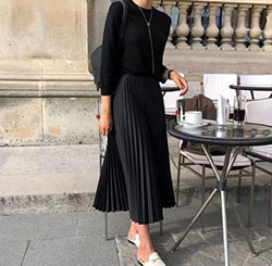 Black colour dress with sweater, skirt: Black Outfit,  T-Shirt Outfit,  Street Style,  Black Pleated Skirt  