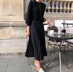 Black colour dress with sweater, skirt: Black Outfit,  T-Shirt Outfit,  Street Style  