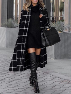 Long black plaid coat knee high boot, street fashion: fashion model,  Trench coat,  Teen outfits,  Street Style,  Knee High Boot  