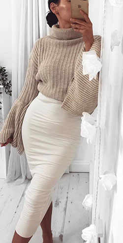 Beige and white colour ideas with sweater, skirt, polo neck: Polo neck,  T-Shirt Outfit,  Turtleneck Sweater Outfits,  sweater  