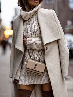 Beige dresses ideas with overcoat, sweater, coat: winter outfits,  Boot Outfits,  Street Style,  Beige Outfit,  Turtleneck Sweater Outfits  