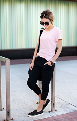 Slip on shoes outfit: Casual Outfits,  Joggers Outfit,  White And Pink Outfit  