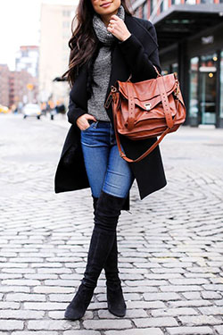 Stuart weitzman boots with jeans: Boot Outfits,  Street Style,  Knee High Boot,  Brown Outfit  
