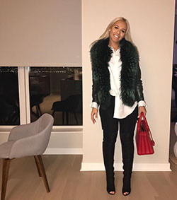Black and white colour outfit with fur clothing, jean jacket, blazer: winter outfits,  Fur clothing,  Fake fur,  Date Outfits,  Black And White Outfit,  High Heeled Shoe  