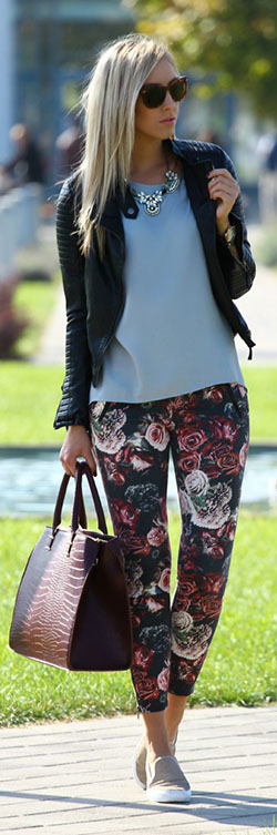 Brown outfit with trousers, leggings, tights: Lapel pin,  Floral Pants,  Street Style,  Brown Outfit,  Legging Outfits  