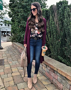 Maroon and brown classy outfit with leggings, sweater, jacket: Street Style,  Maroon And Brown Outfit,  Floral Top Outfits,  Maroon Outfit  