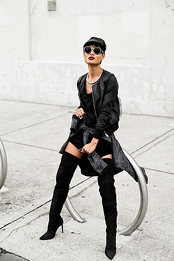 All black thigh high boots outfits: Black Outfit,  Street Style,  High Heeled Shoe,  Knee High Boot  