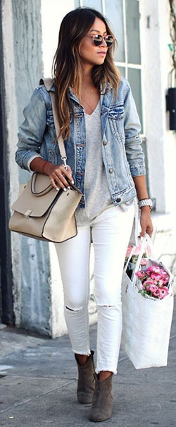 White and pink dresses ideas with jean jacket, trousers, jacket: Denim Outfits,  Jean jacket,  Street Style,  White And Pink Outfit  