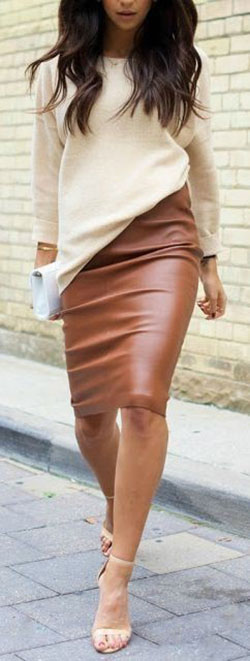 Beige and brown outfit ideas with dress leather skirt, pencil skirt, trousers: Pencil skirt,  Hot Girls,  Leather skirt  