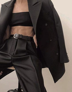 Black clothing ideas with formal wear, trench coat, crop top: Black Outfit,  Crop top,  Trench coat,  Sports shoes,  Formal wear  