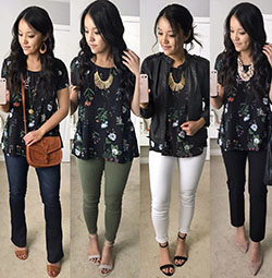 Fashion collection with trousers, sweater, denim: fashion model,  T-Shirt Outfit,  Floral Top Outfits  