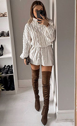 White outfit style with sweater, jeans: Classy Winter Dresses,  Turtleneck Sweater Outfits  