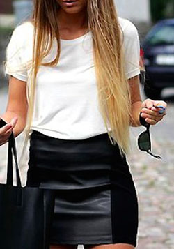 White shirt and black leather skirt outfit: Crop top,  shirts,  Pencil skirt,  Leather skirt,  Long hair,  T-Shirt Outfit,  Street Style,  Black And White Outfit,  Mini Skirt Outfit  
