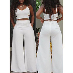 White palazzo pants with crop top: Spaghetti strap,  Crop top,  Sleeveless shirt,  party outfits,  T-Shirt Outfit,  Palazzo pants,  Beige And White Outfit  