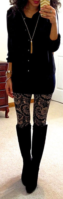 Black and gold leggings outfit: Hot Girls,  Brown And Black Outfit,  Knee High Boot,  Legging Outfits  